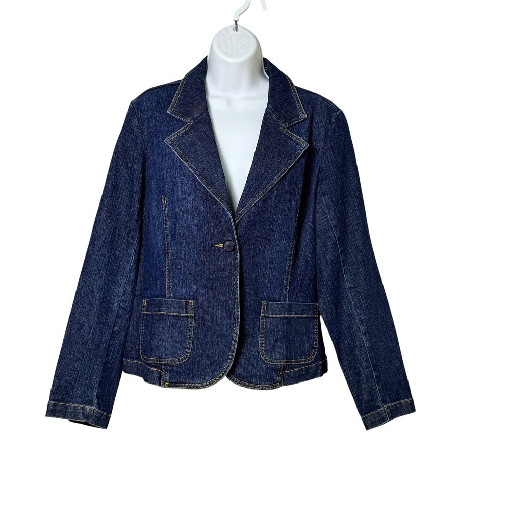 Talbots Women Dark Indigo Stretch Denim Blazer Jacket Blue Size 10 Single Button